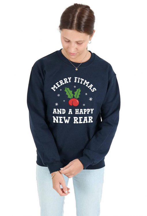 Merry Fitmas And Happy New Rear Sweatshirt Sweater Jumper Top Christmas Xmas Slogan Gym Workout