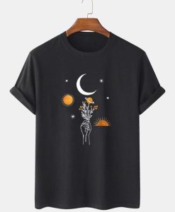 Moon Flowers Print Solid Breathable Loose T-Shirt